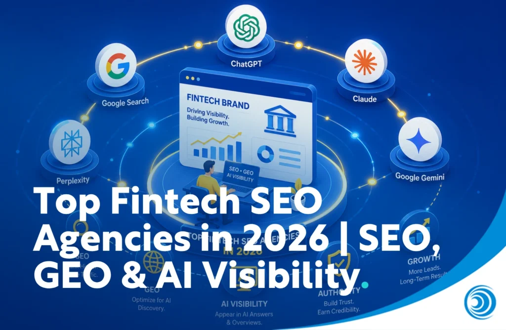 Illustration of a fintech brand connected to Google Search, ChatGPT, Claude, Gemini and Perplexity, representing top fintech SEO agencies focused on SEO, GEO and AI visibility in 2026.