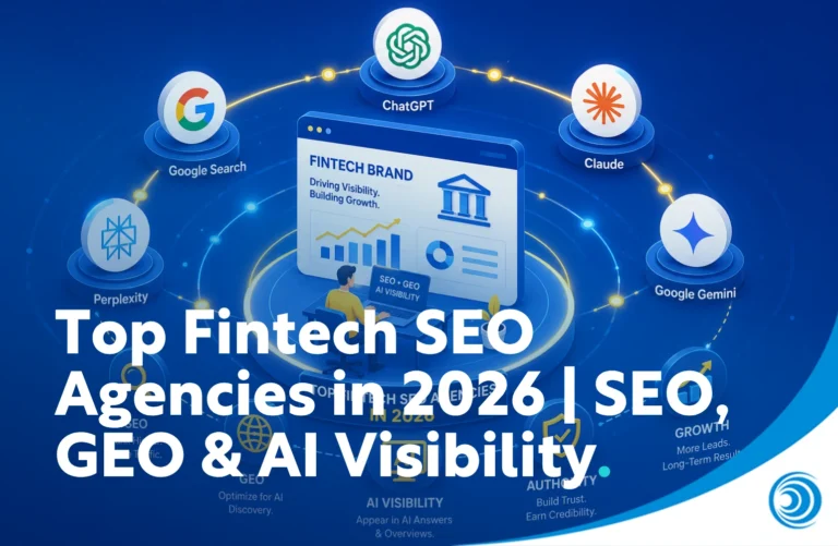 Illustration of a fintech brand connected to Google Search, ChatGPT, Claude, Gemini and Perplexity, representing top fintech SEO agencies focused on SEO, GEO and AI visibility in 2026.